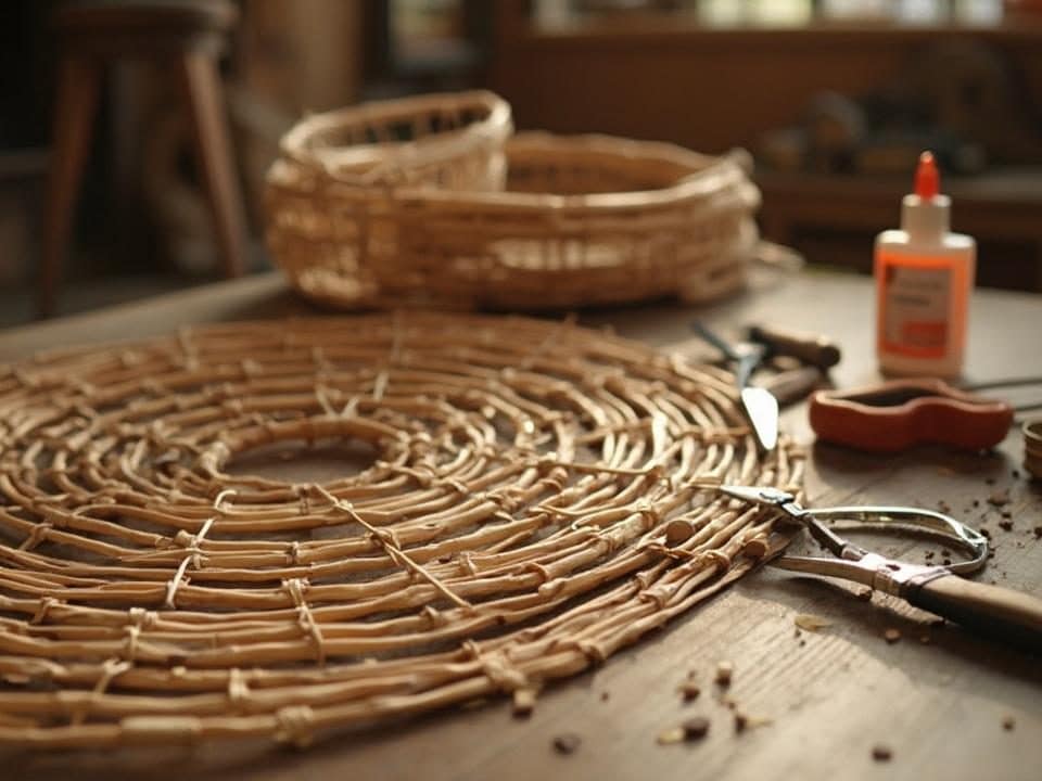 Gros plan sur un panier en osier naturel en cours de fabrication