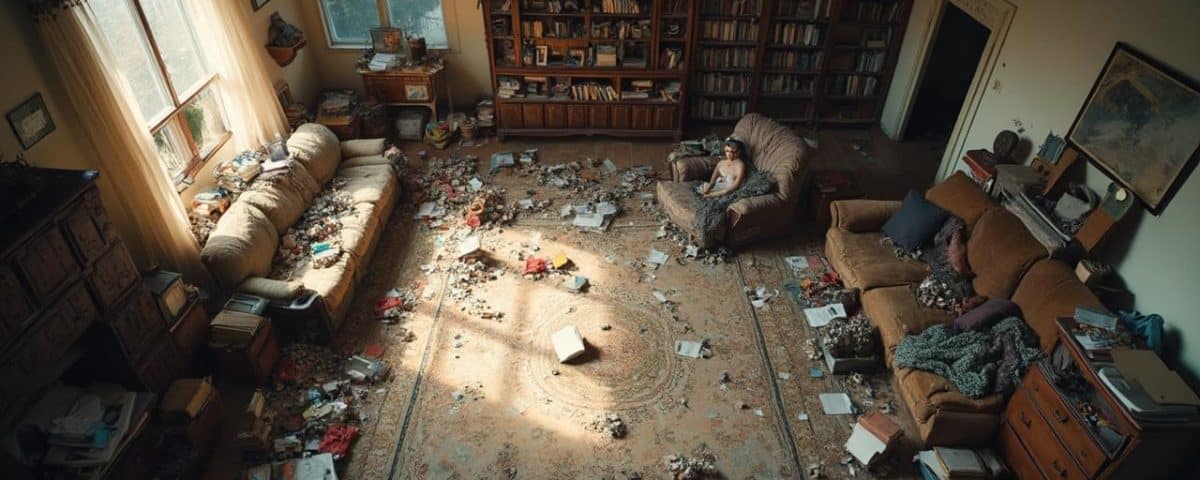 Une pièce dévastée par un incident, avec des désordres et des dommages évidents.