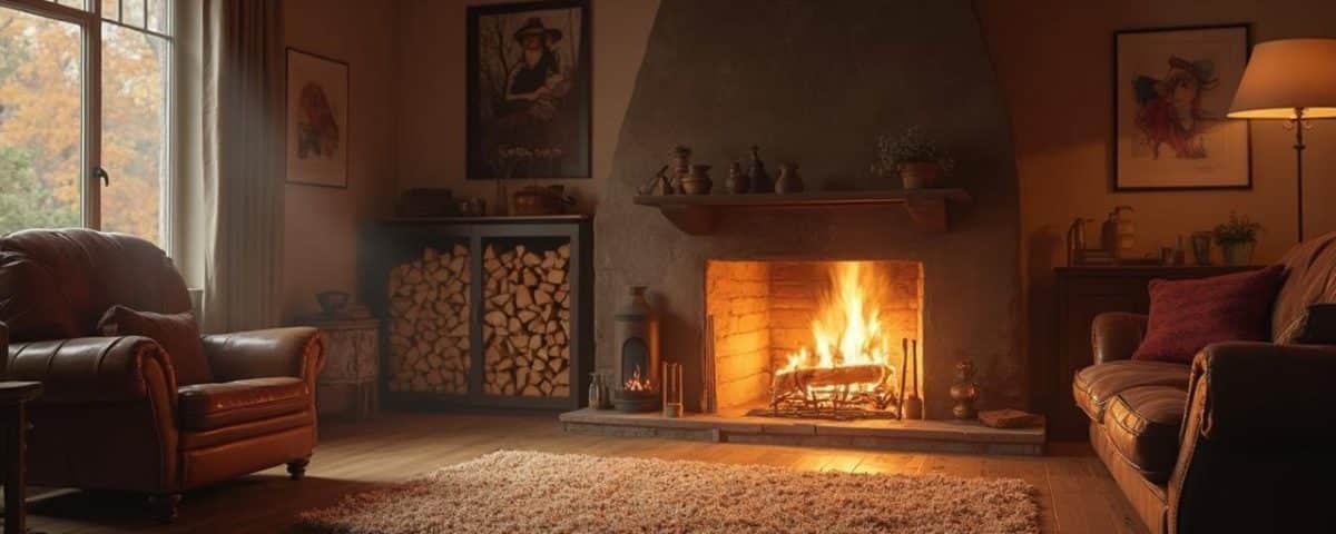 Intérieur douillet avec cheminée flamboyante et mobilier confortable
