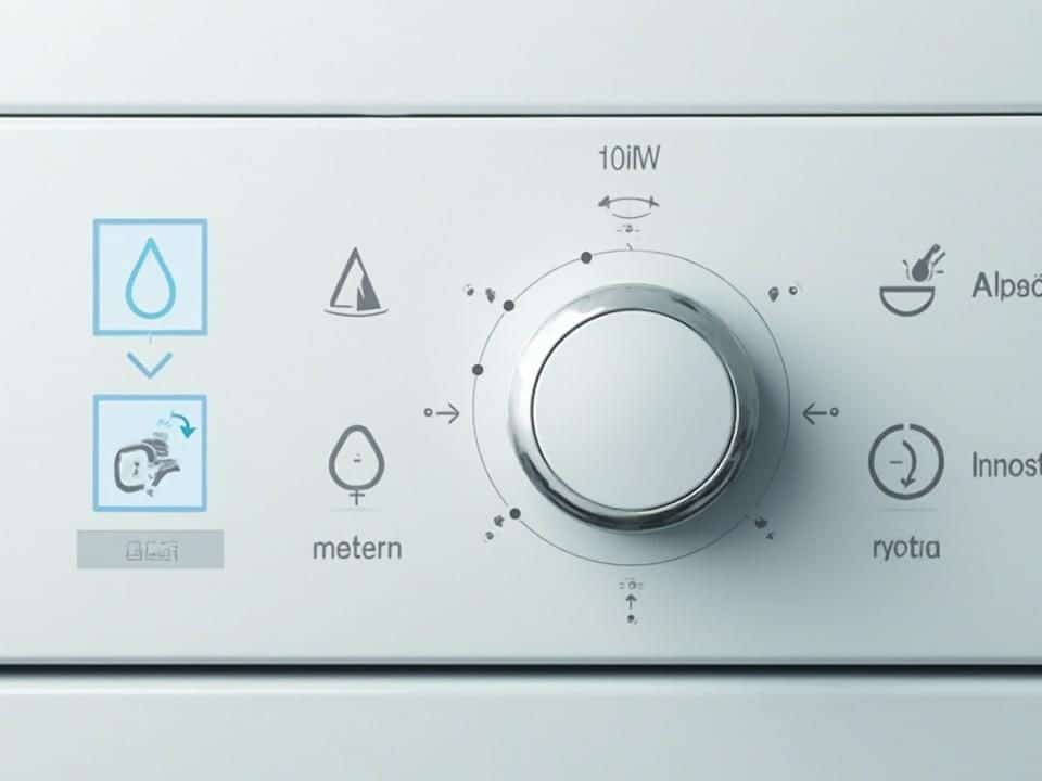 Gros plan sur le panneau de commandes d'une machine à laver avec différents symboles et boutons.