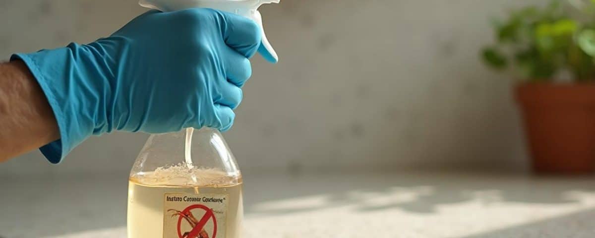 Une main gantée pulvérisant un produit désinfectant sur un sol