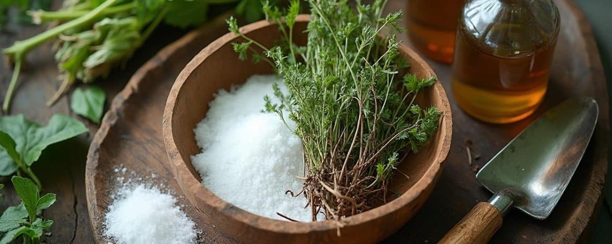 Bol en bois avec des herbes fraîches et du sel de mer