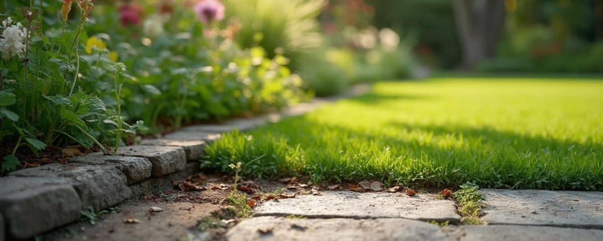 Sentier en pierre dans un jardin verdoyant avec des fleurs colorées