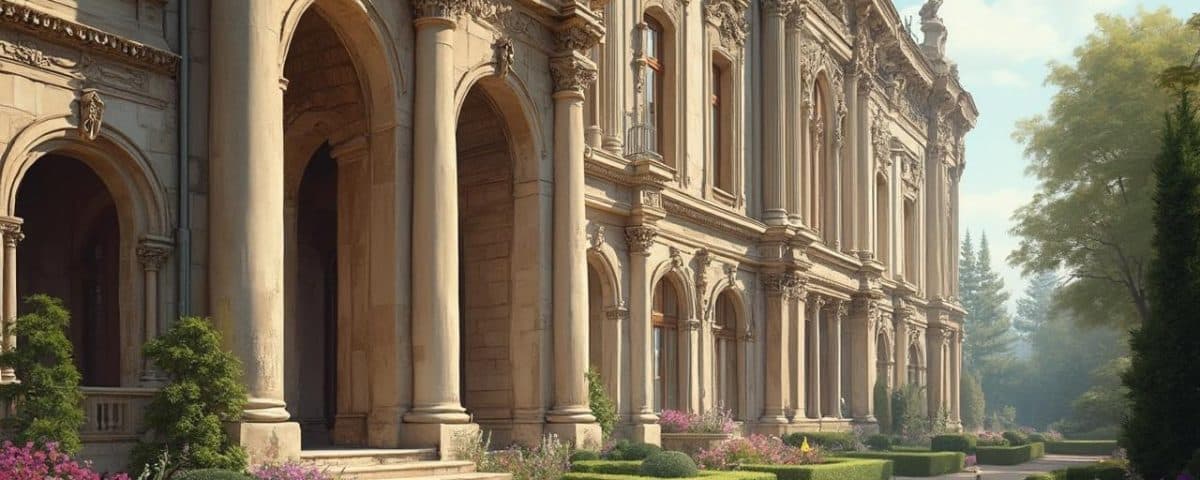 Palais historique avec façade ornée de colonnes et statues.