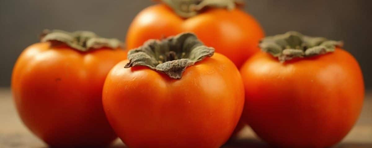 Image of several ripe, orange persimmons on a wooden surface.