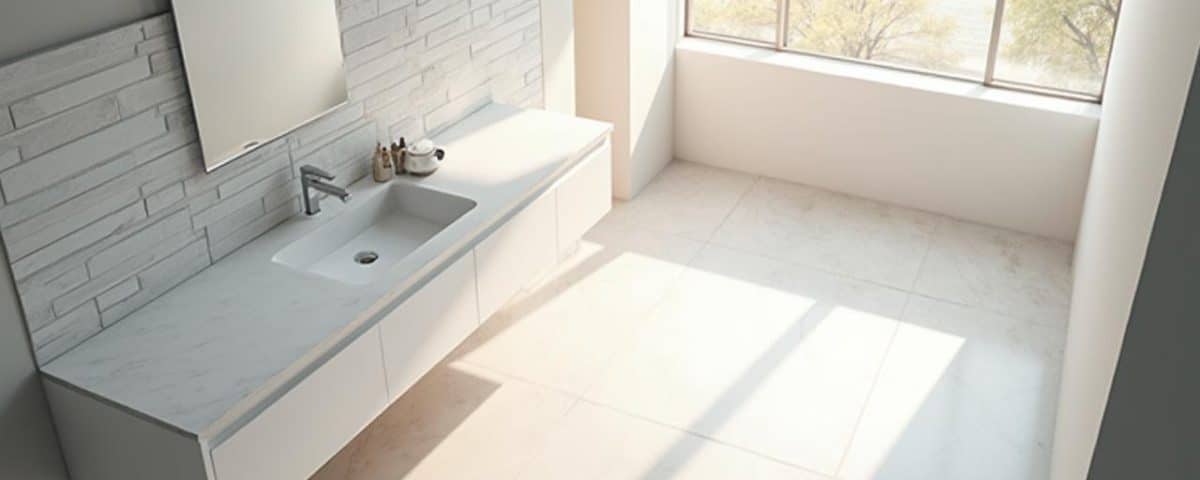 Intérieur de salle de bain moderne avec fenêtre et comptoir blanc