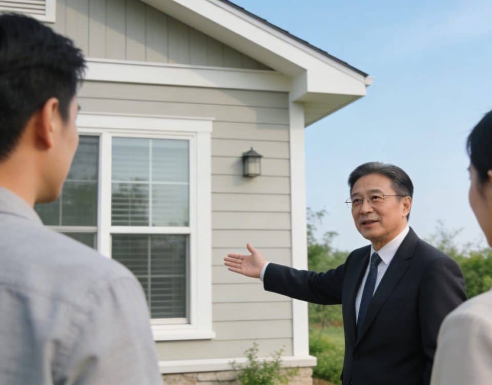 couple examine une petite maison devant proprietaire