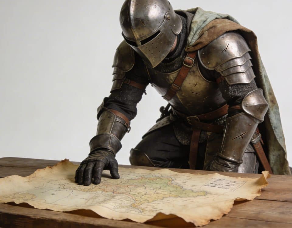 guerrier en armure observe carte ancienne sur table