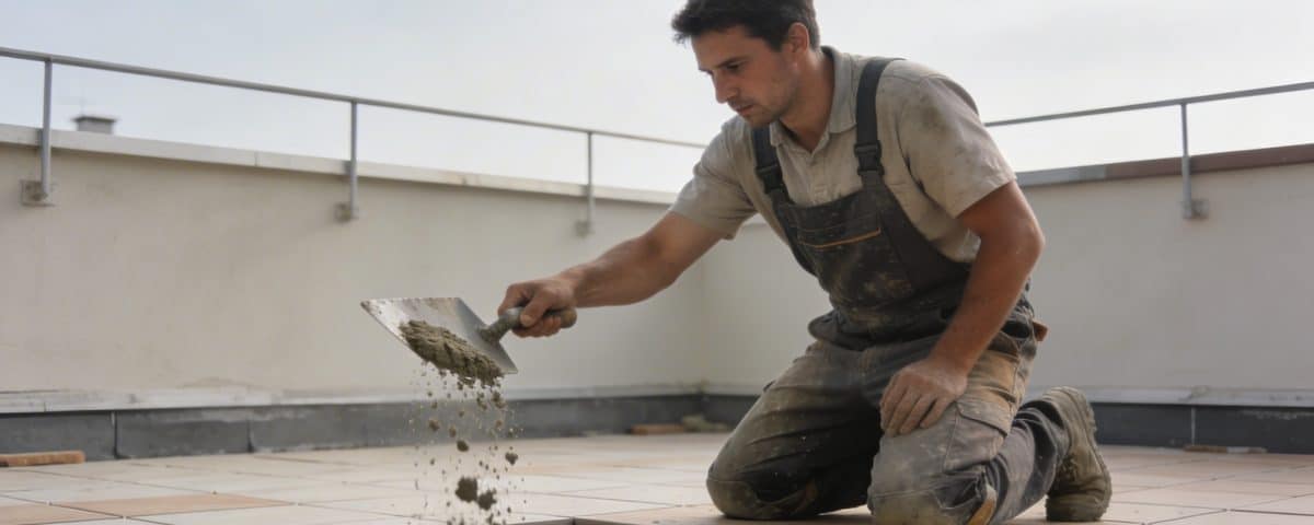 maçon agenouille verse mortier sur terrasse avant carrelage