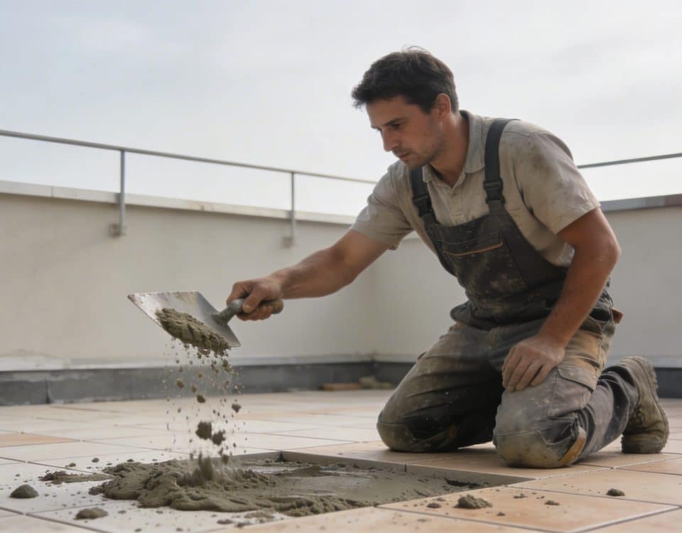 maçon agenouille verse mortier sur terrasse avant carrelage