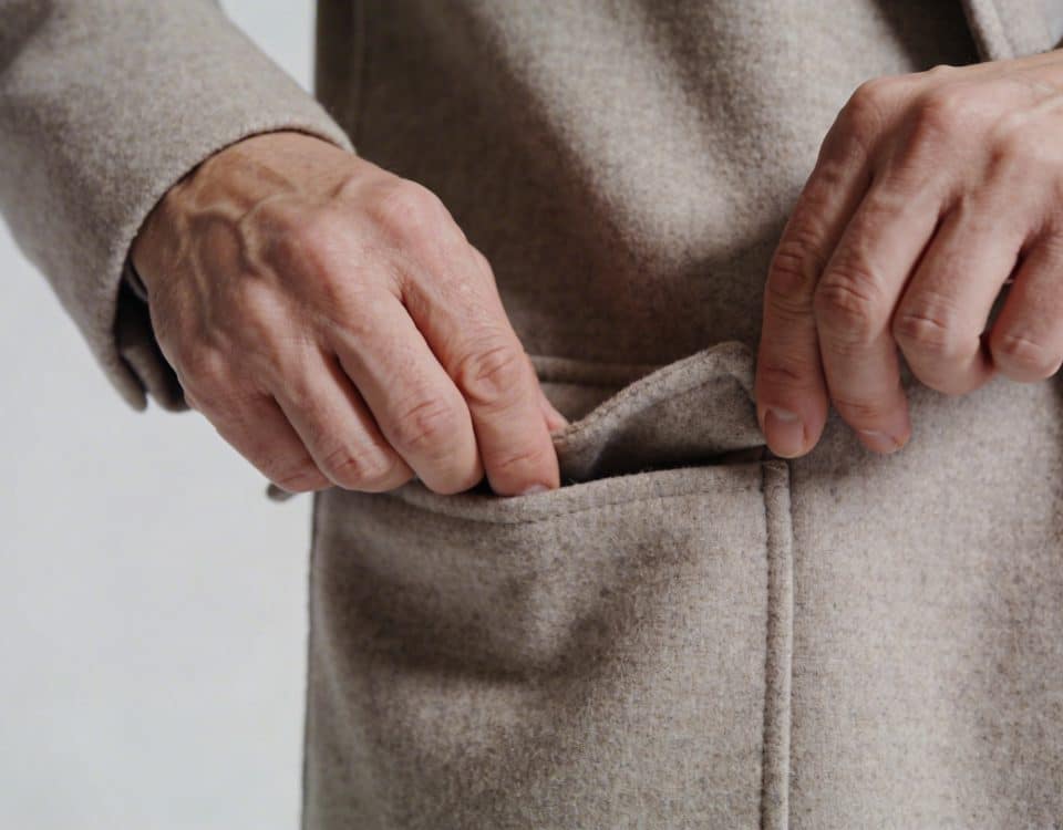 Mains decousant les poches cousues dun manteau