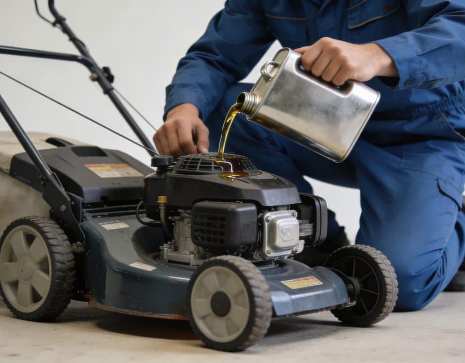 mecanicien verse huile moteur dans petite tondeuse