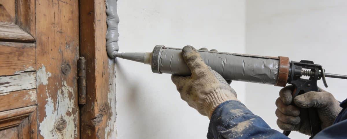 ouvrier appliquant joints isolants autour vieille porte bois