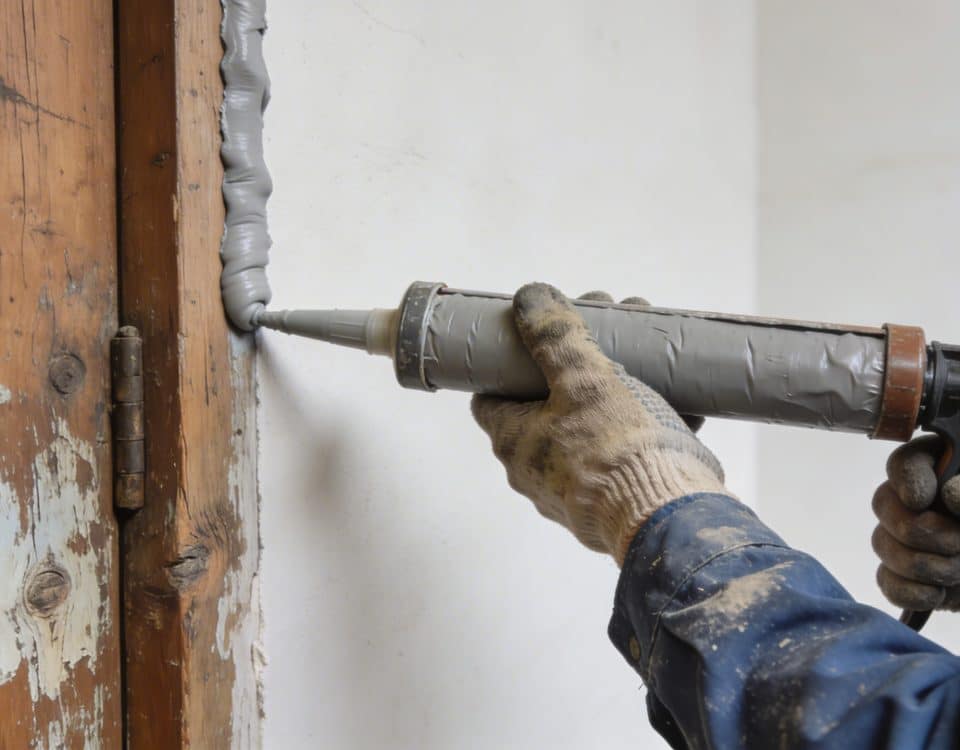 ouvrier appliquant joints isolants autour vieille porte bois