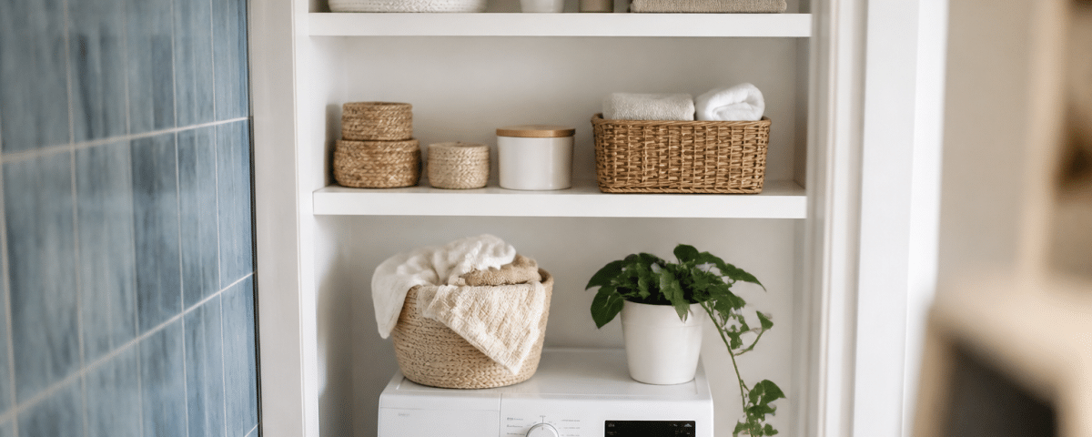 Etageres blanches organisees au-dessus machine a laver blanche