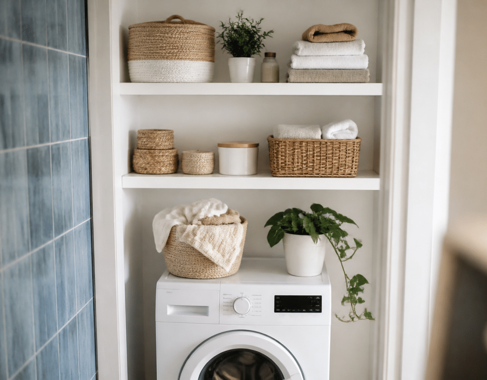 Etageres blanches organisees au-dessus machine a laver blanche