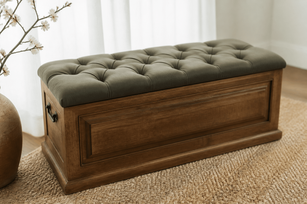 Banc coffre en bois massif avec velours capitonne