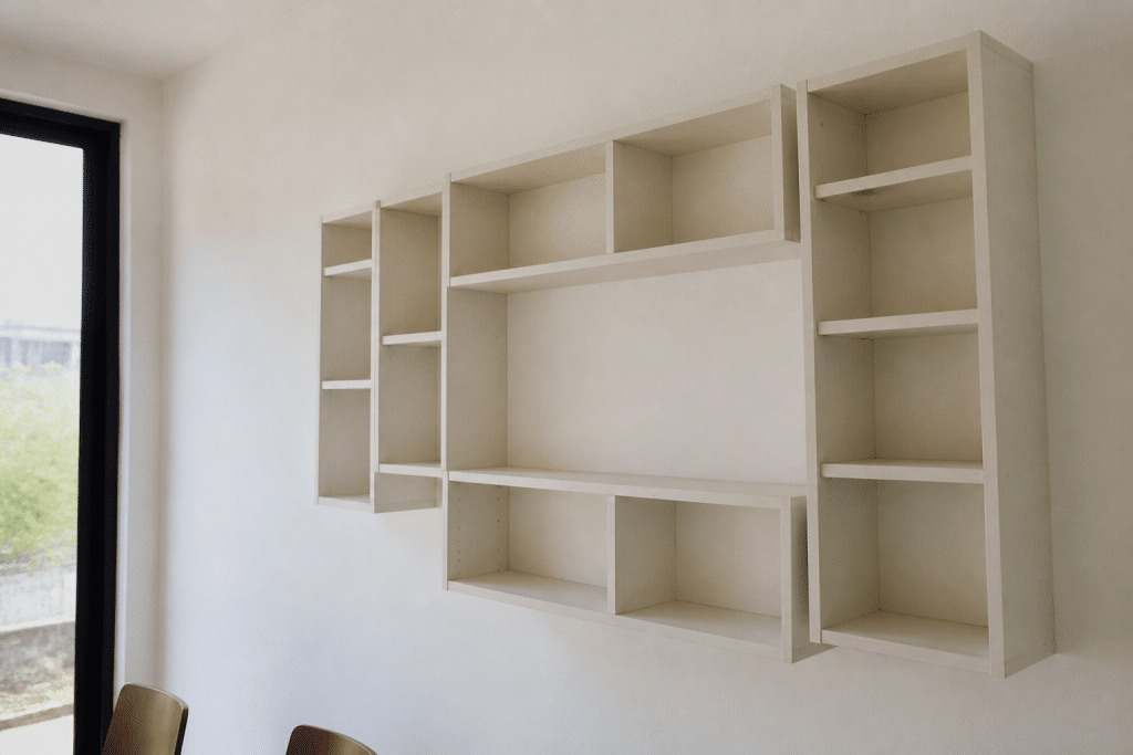 Modules de bibliotheque assembles et fixes au mur blanc
