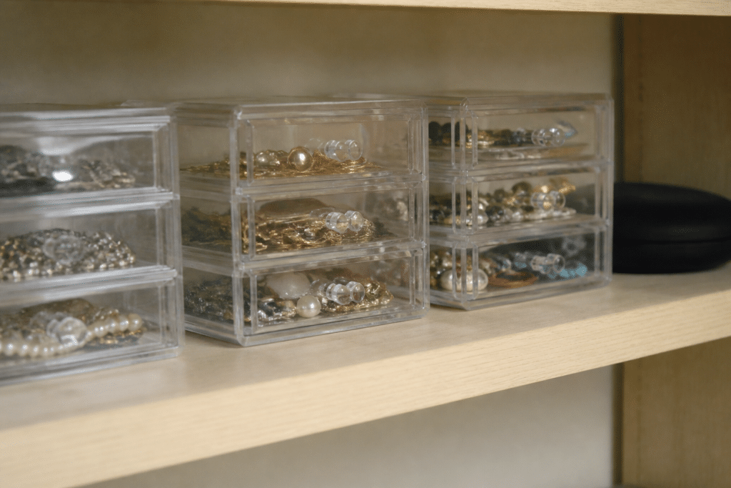 Boites transparentes etiquetees contenant bijoux et accessoires organises