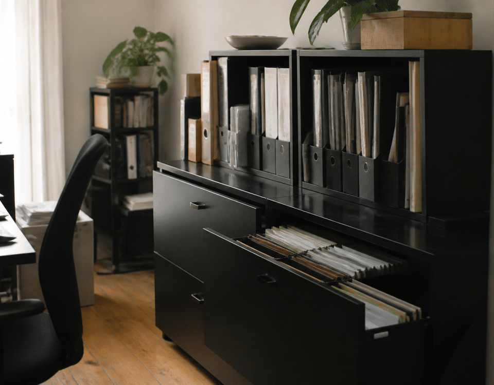 Bureau organise avec classeurs verticaux et tiroirs ouverts