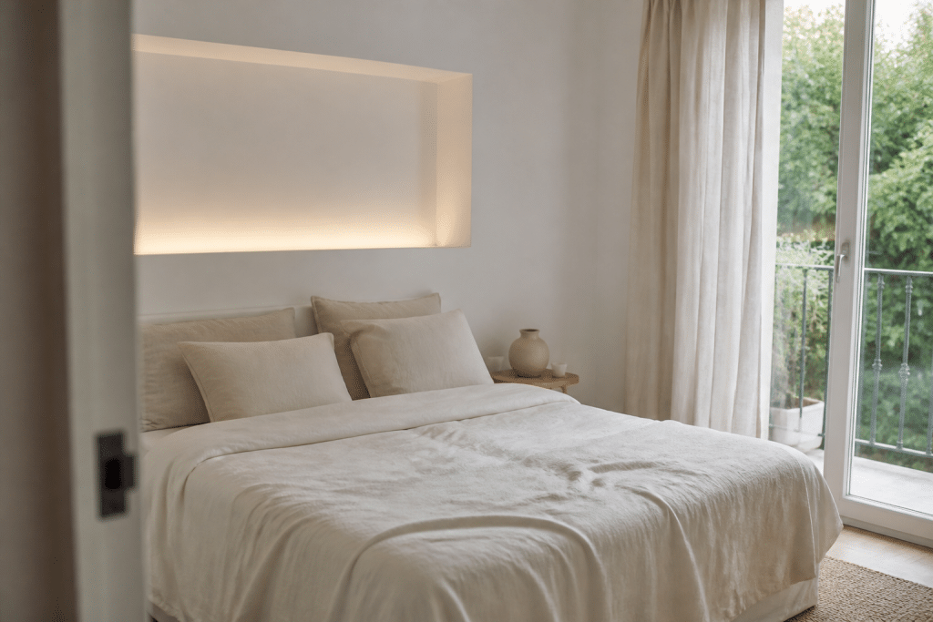 Chambre minimaliste avec murs blancs, lit clair et éclairage doux indirect