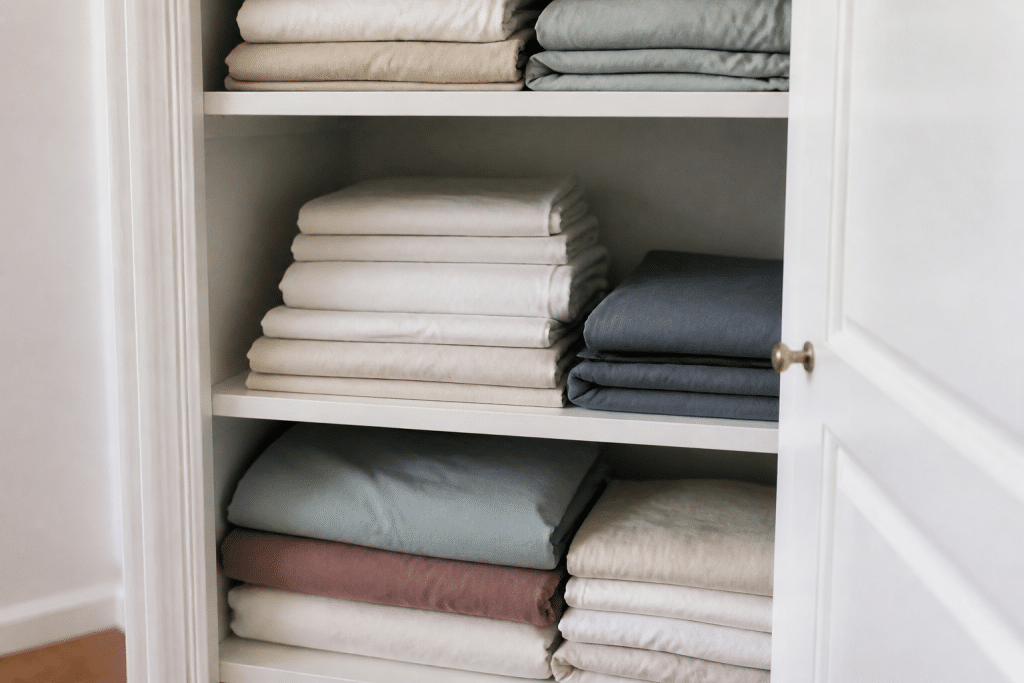 Draps rectangles empilés dans armoire blanche ouverte
