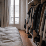 Penderie integree avec vetements suspendus dans chambre etroite