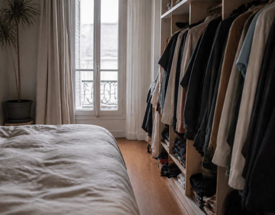 Penderie integree avec vetements suspendus dans chambre etroite