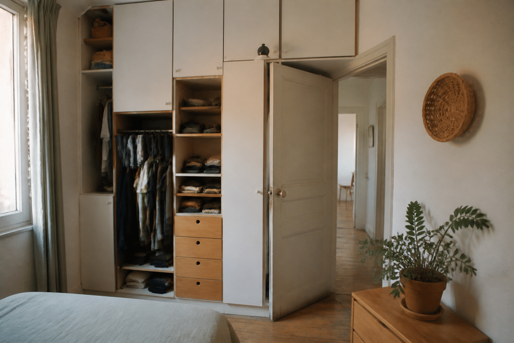 Petite chambre avec dressing modulable et rangements jusqu'au plafond