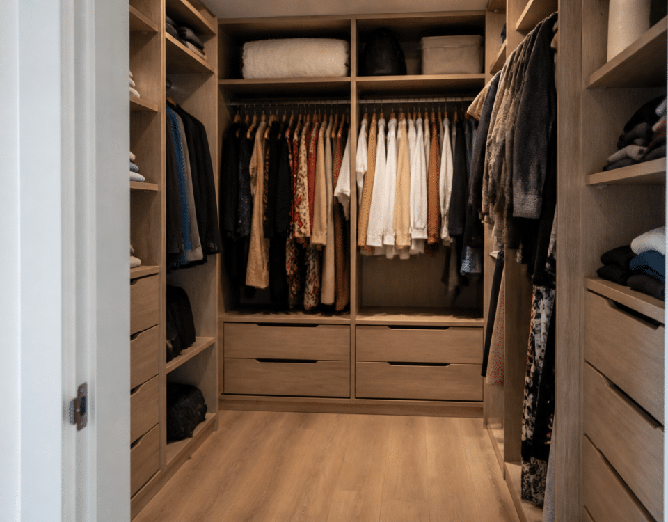 Dressing en forme de U avec penderies et etageres integrees