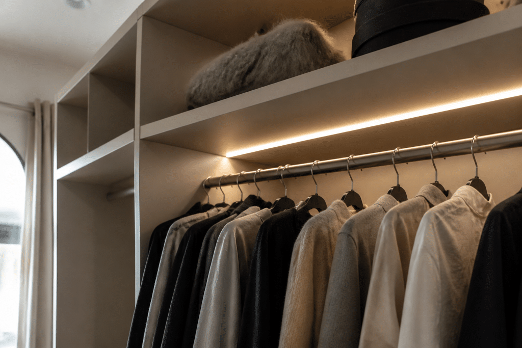 Ruban LED blanc sous étagères dressing moderne