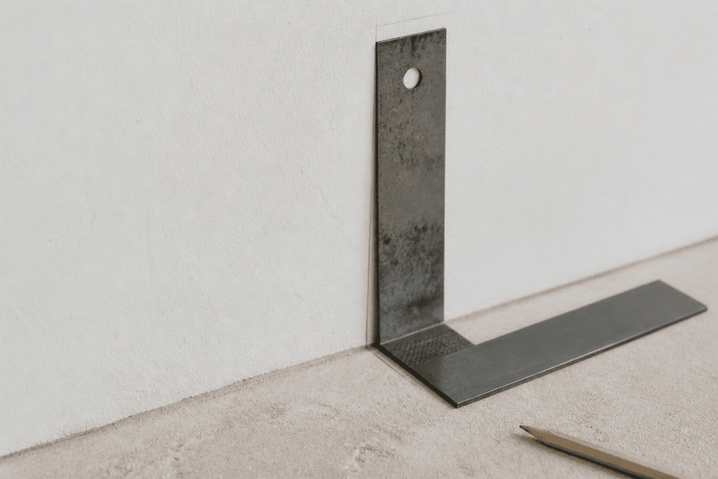 Equerre metallique alignee contre mur blanc crayon marque