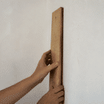 Mains fixant planche bois verticalement sur mur blanc