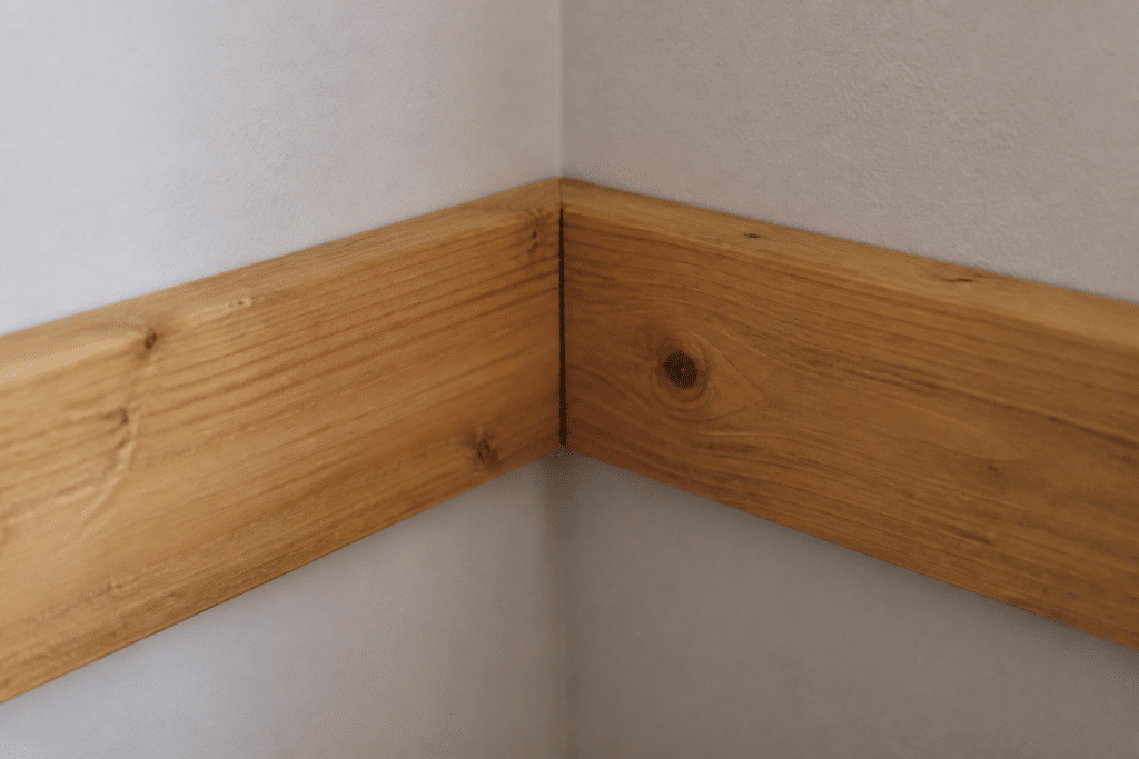 Deux planches en bois assemblees dans un coin mural