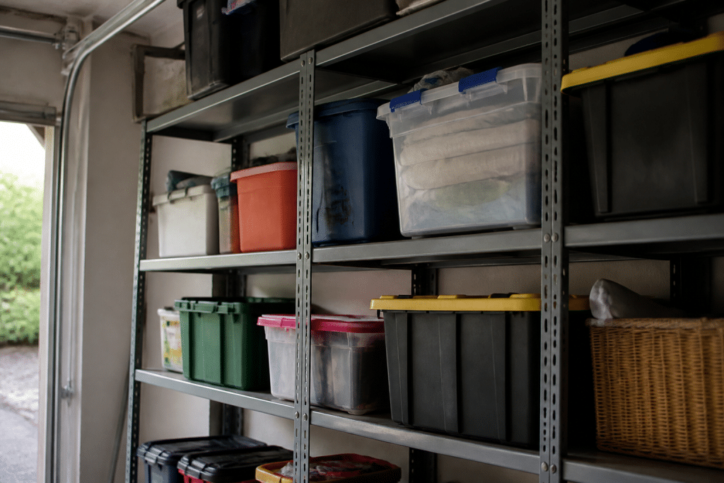 Etageres metalliques grises chargees de boites rangement garage