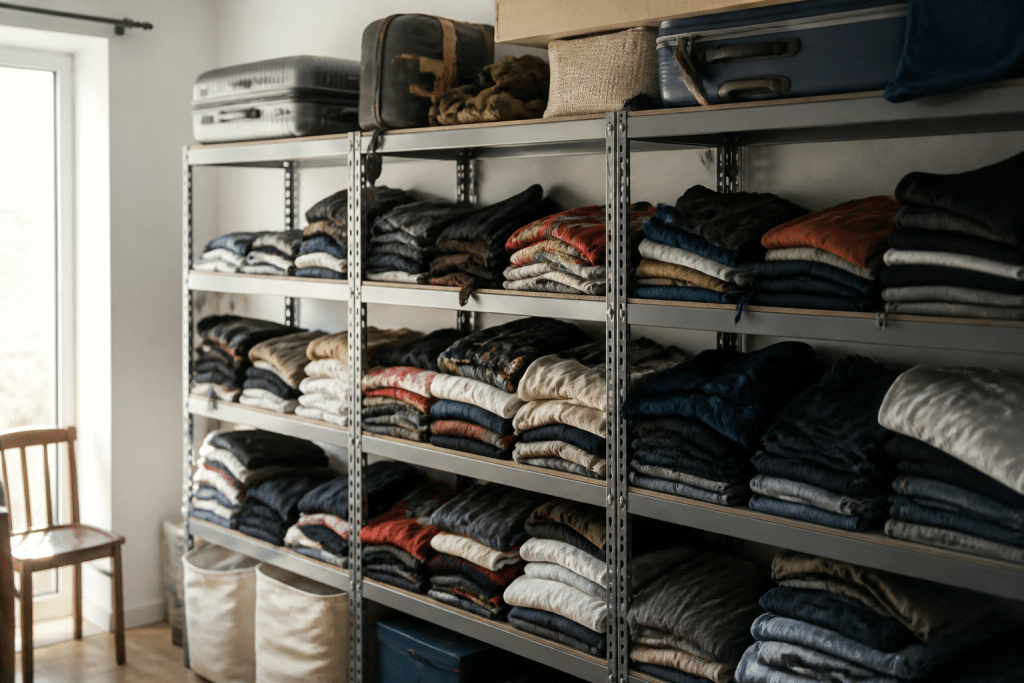 Etageres metalliques ajustables pleines de vetements et valises