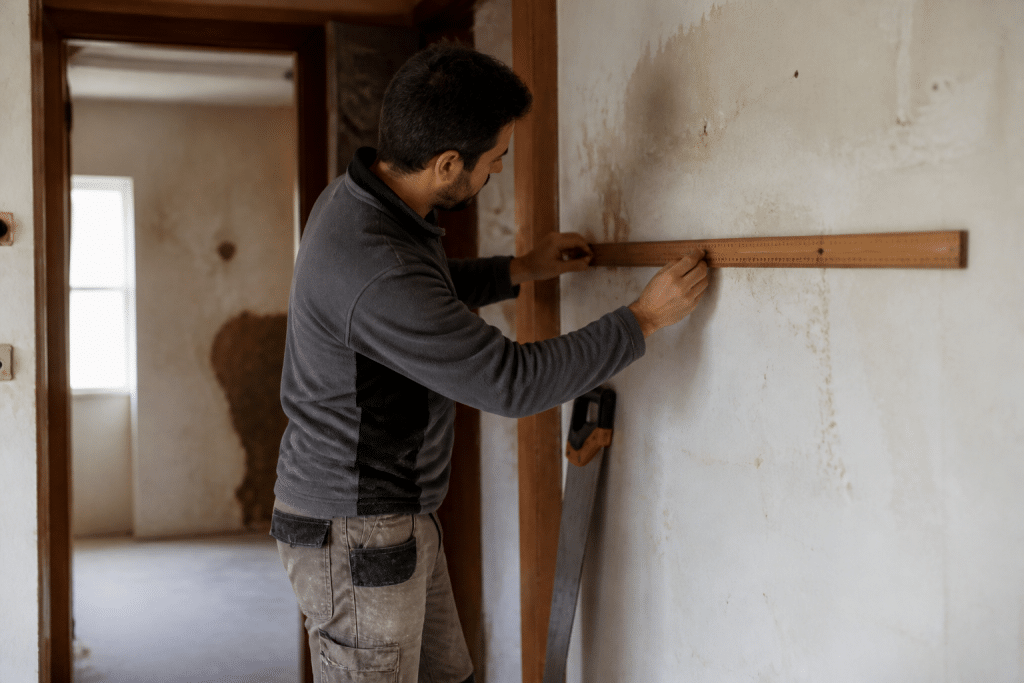 Menuisier mesure mur avec metre bois scie