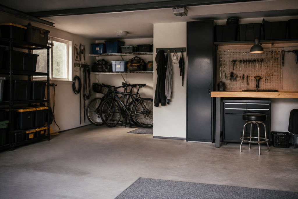 Garage divisé en zones distinctes avec établi et rangements organisés