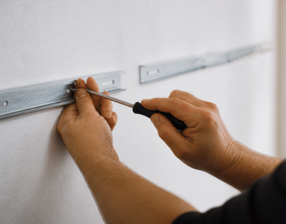 Mains fixant supports metalliques horizontalement sur mur blanc