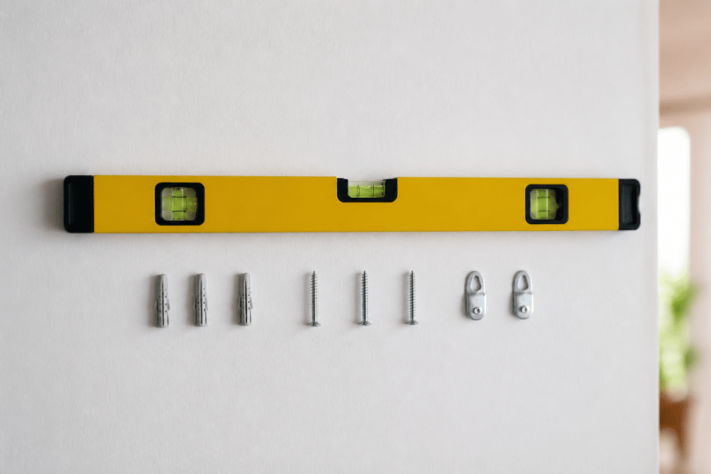 Outils de fixation et niveau a bulle sur mur blanc