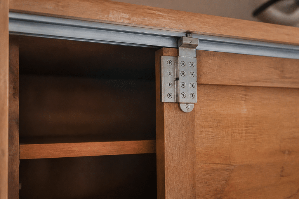 Charniere et rail de porte coulissante installes sur meuble
