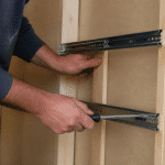 Mains installant rails metalliques sur cadre bois placard