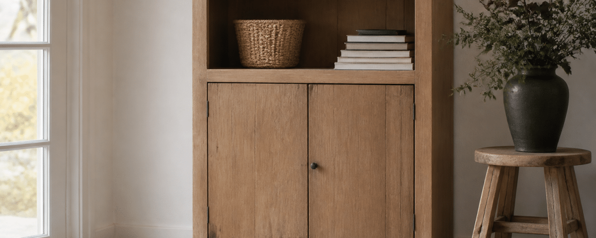 Meuble bois ouvert avec portes fermees rangement integre