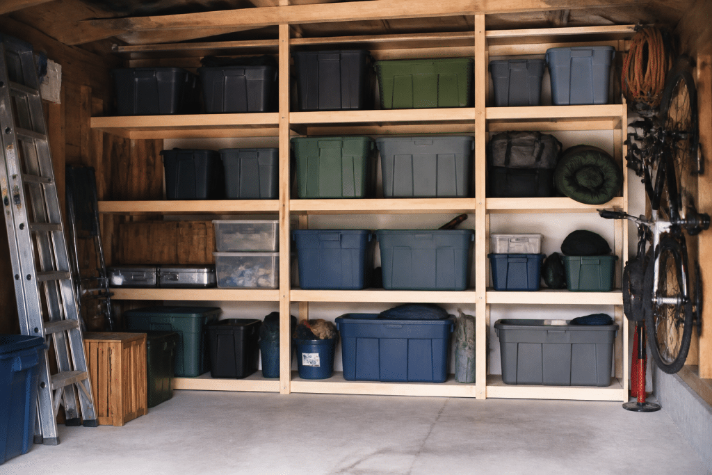 Objets etiquetes ranges systematiquement dans garage organise