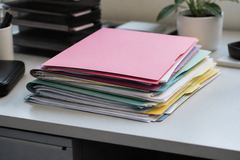 Dossier bureau ouvert avec documents classes dans chemises colorees