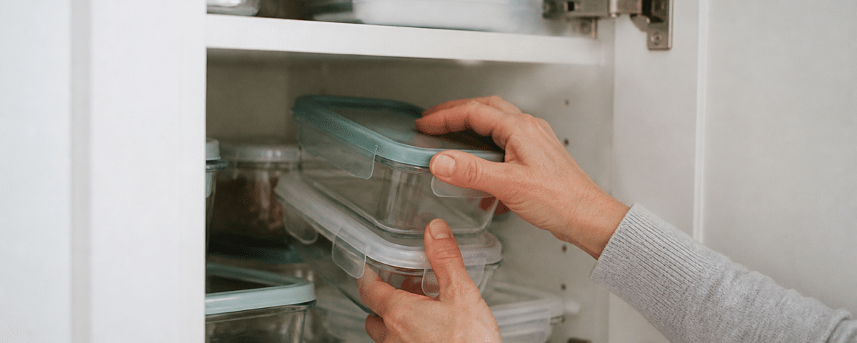 Mains organisant boites rangement empilees dans placard cuisine ouvert