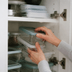 Mains organisant boites rangement empilees dans placard cuisine ouvert