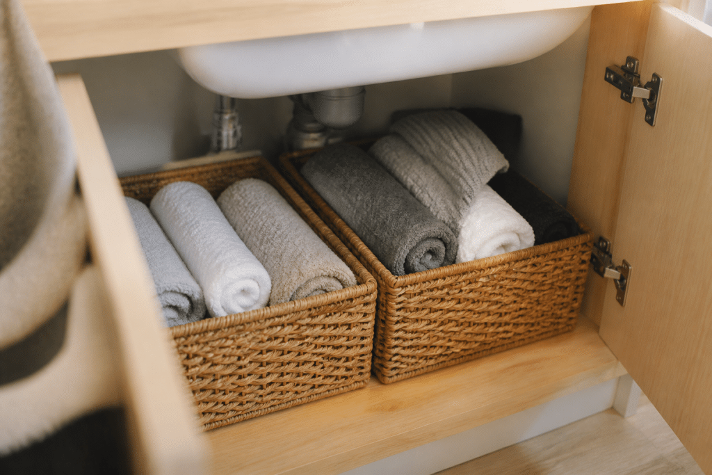 Paniers de rangement contenant serviettes roulees sous lavabo