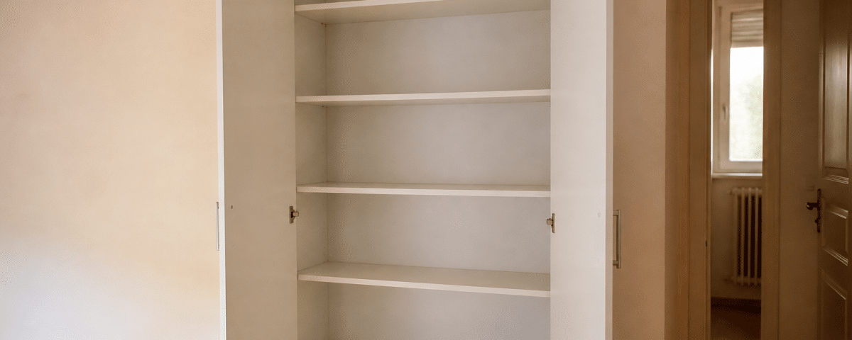 Placard ouvert avec plusieurs etageres blanches installees verticalement