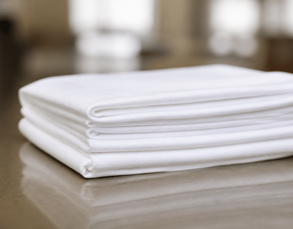 Mains pliant serviette blanche empilée sur surface plane